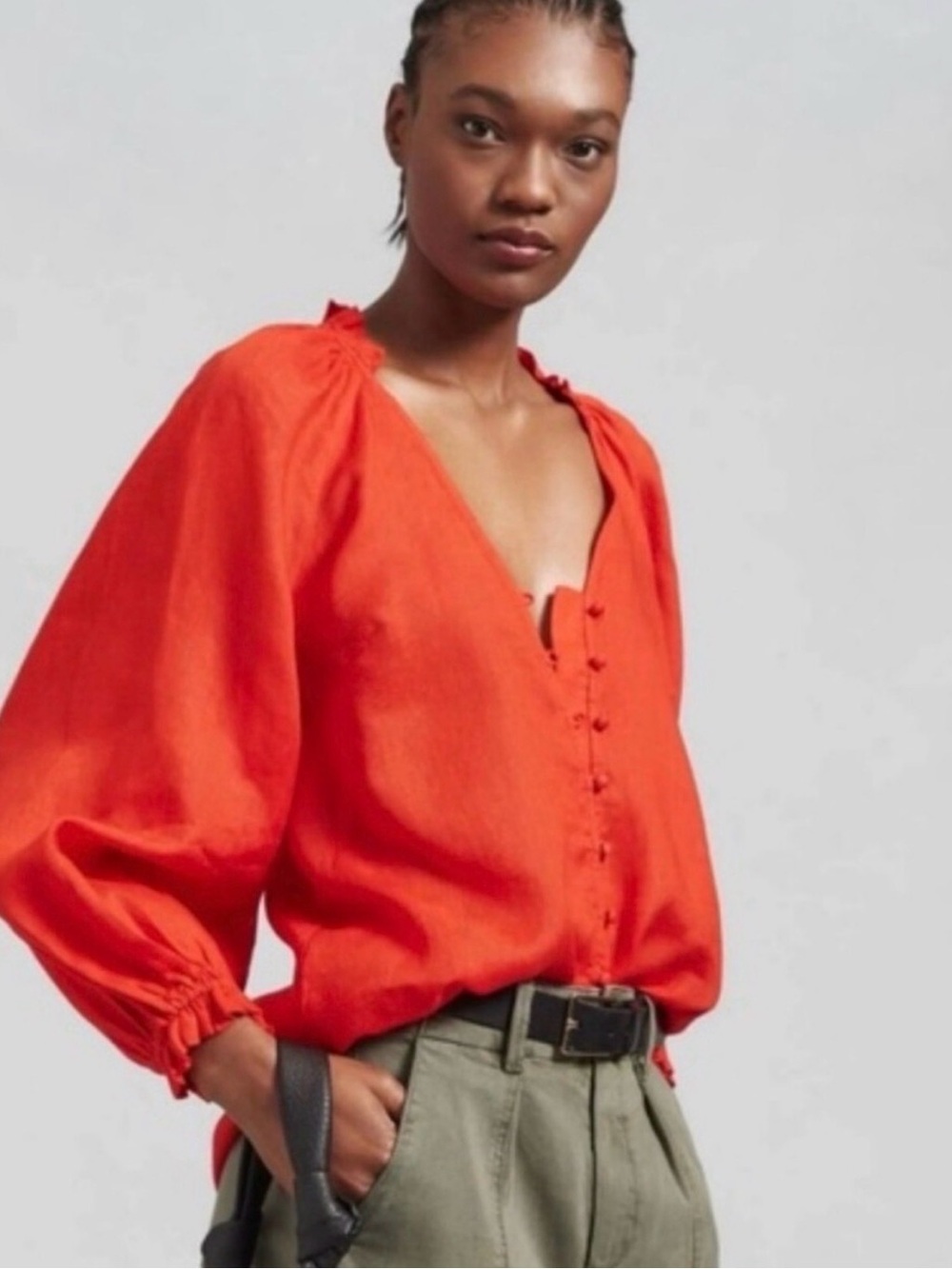 Maeve Anthropologie Linen Blouse Bright Red V-Neck Button-Front Women’s Size M